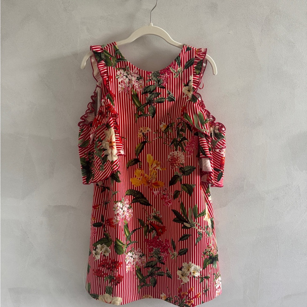 Zara - Red & White Striped Floral Dress with Cold Shoulders - Size XS